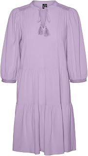 VERO MODA Crepe Short Dress with Drawstring and 3/4 Sleeves Midi Summer Tunic Dress