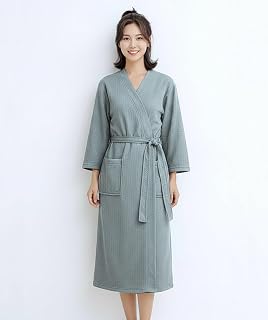 Women's V-Neck Waffle Bathrobe Self Tie Belt Pocket 3/4 Loungewear Gown