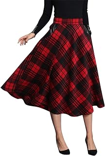 IDEALSANXUN Womens Plaid Wool Skirts Elastic Waist A-Line Pleated Tartan Long Skirts