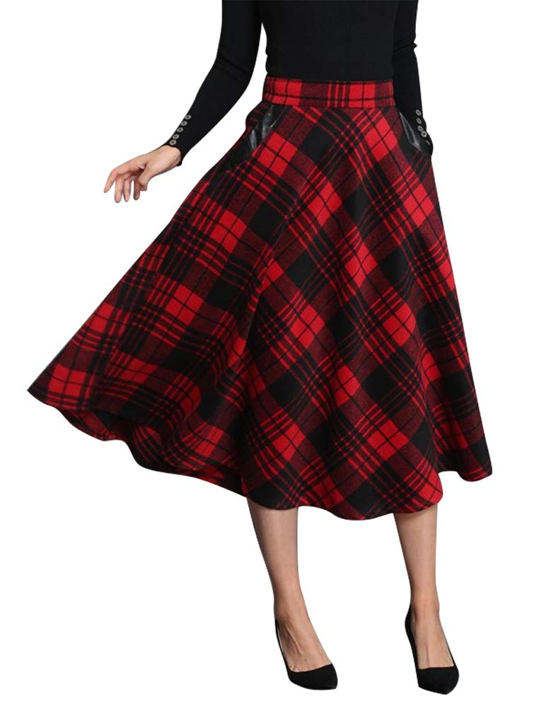 IDEALSANXUN Womens Plaid Wool Skirts Elastic Waist A-Line Pleated Tartan Long Sk