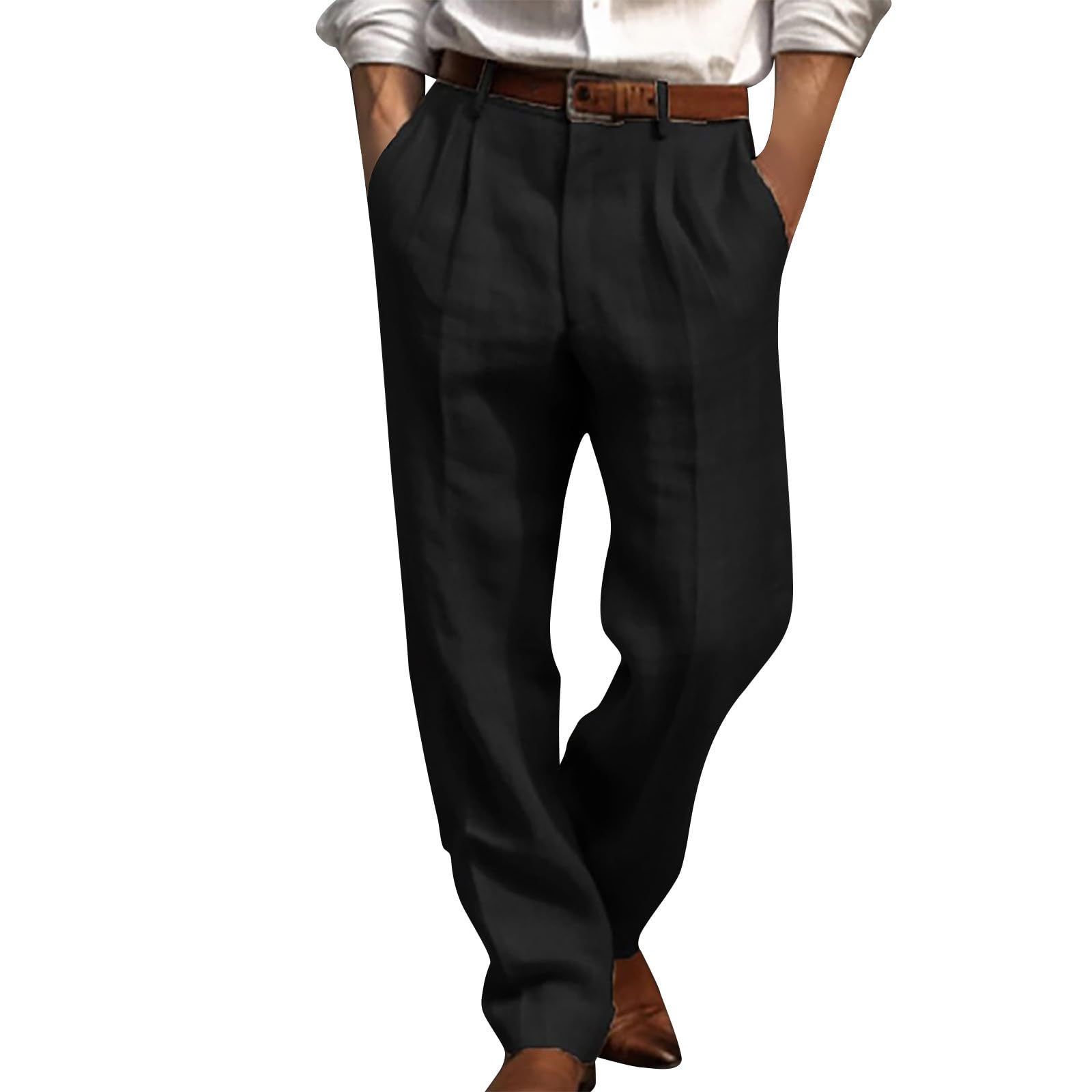Ybing mens chinos pants long pleated loose pants with pocket casual straight leg