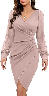 ihot Women's 2026 Sexy V Neck Mesh Long Sleeve Faux Wrap Ruched Sheath Bodycon Party Cocktail Work Dress