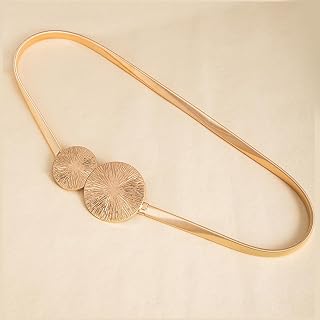 Metal Belt, Pack of 1, Thin Gold Decorative Dress Belt (Dual Disc Buckle Options, Flower, Leaf)