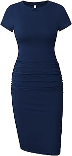 Missufe Vestito da donna a maniche corte increspato casual prendisole Midi aderente T Shirt, Blu navy, S