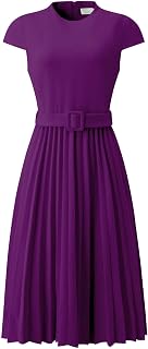 Hobemty Women's Pleated Dress Mock Neck Cap Sleeve Belted A-Line Dresses