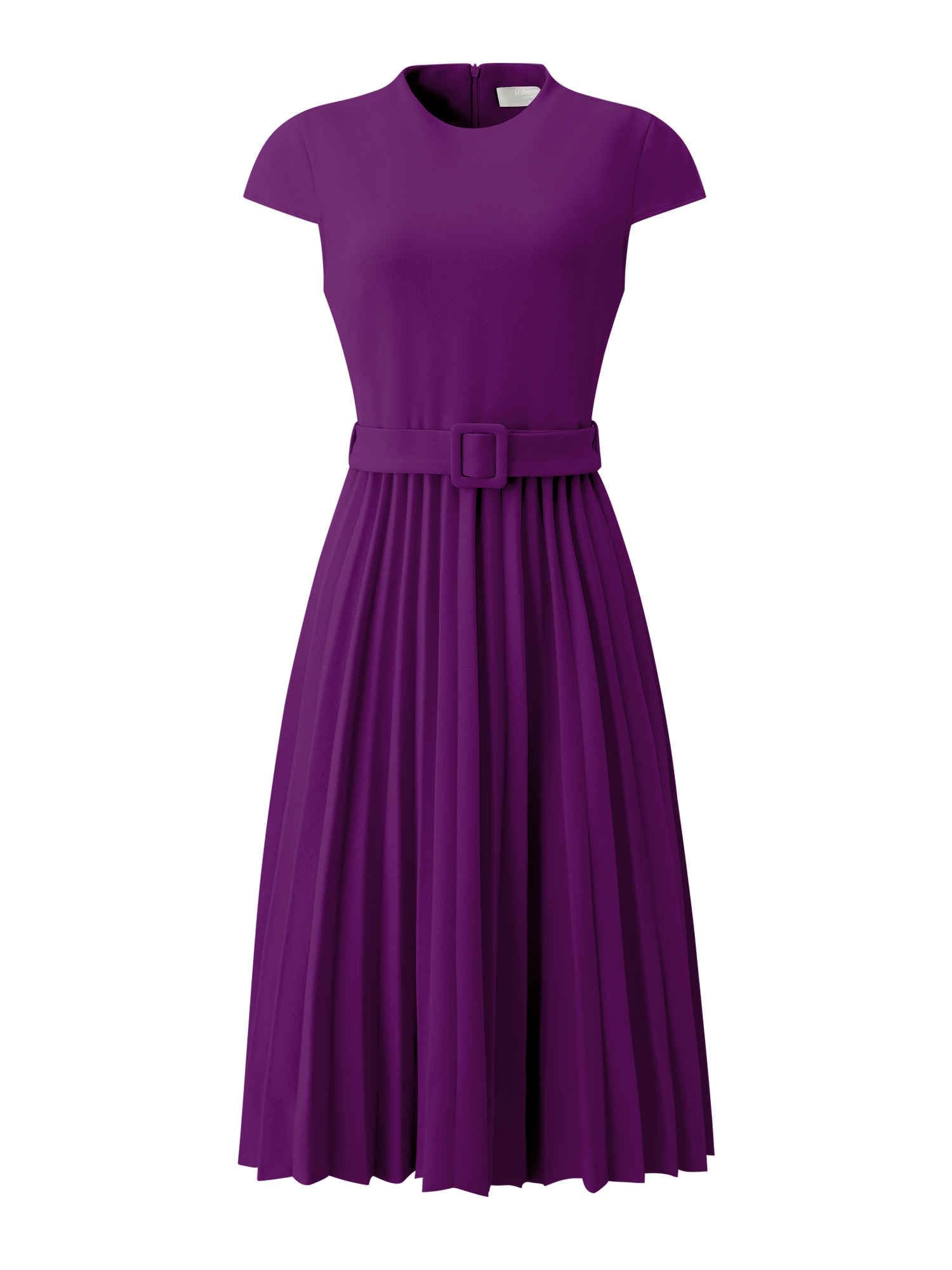 Hobemty Women's Pleated Dress Mock Neck Cap Sleeve Belted A-Line Dresses