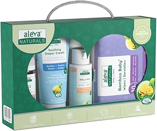 Aleva Naturals Newborn Starter Kit for Baby - Set of Wipes, 2 in 1 Shampoo & Body Wash, Soothing Diaper Cream, Baby Lotion- Toxin Free, Vegan, Sensitive Skin Friendly - 4 Piece Travel Set