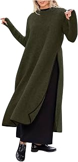 FUPODD Women's Long Winter Dress with Slit Pullover Dress Women's Oversize Warm Sweat Dress Long Sleeve Without Hood Pullover Calf Length Elegant Plain Dress Winter Women Crew Neck Wool Jumper Dress