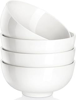 MALACASA 26 oz Porcelain Soup Bowls, 6" Cereal Bowls - White Bowls Set of 4 for Soup, Cereal, Oatmeal, Fruit, Rice - Dishwasher & Microwave Safe, Series Regular