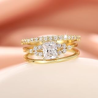 Ladies 3 Piece Rectangular Cubic Zirconia Prong Set Ring Set