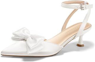 Coutgo Scarpe da donna in raso con tacco basso, fiocco e perla, chiuse a punta, cinturino alla caviglia, scarpe da sposa