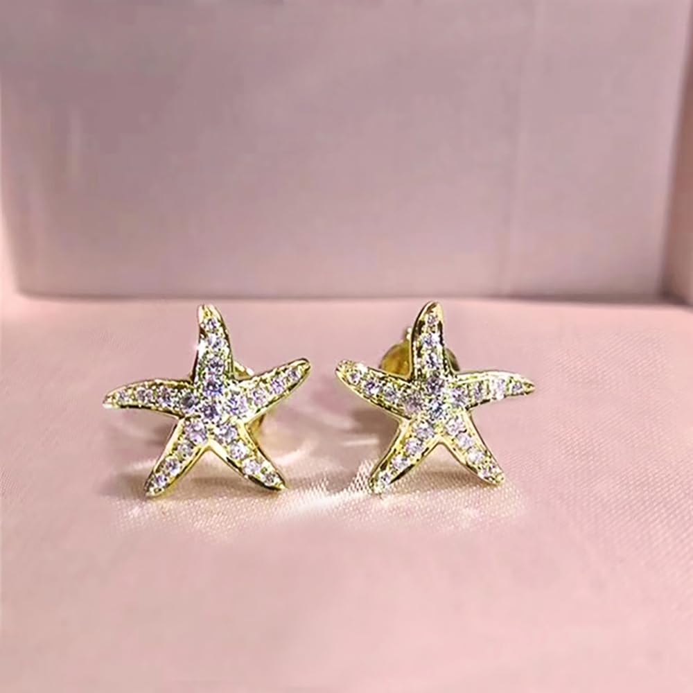 Cute Starfish Stud Earrings for Women Shiny Cubic Zirconia Jewelry Party