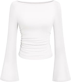 PRETTYGARDEN Women's Long Sleeve Shirts 2025 Autumn Crop Go Out Top Casual Boat Neck Bell Sleeve Ribbed Ruched Y2K Clothes