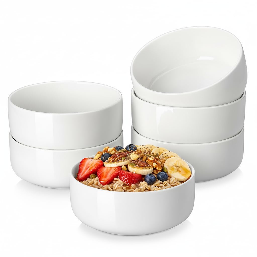 MALACASA 720ml Cereal Bowls Set of 6, Porcelain Bowls for Soup/Salad, White