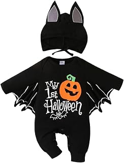 PythJooh Baby Boy Girl My 1st Halloween Bat Romper Jumpsuit Outfits | Unisex Baby One-piece Long Sleeve Bat Romper Jumpsuit with Hat Clothing Set for 0-18Months
