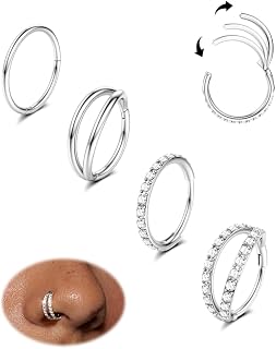 Dochais 4PCS 18G Nose Rings Hoops, Surgical Steel Earrings Tragus Septum Piercing CZ Clicker Septum Ring Hinged Segment Septum Conch Lip Cartilage Double Hoops 8mm 10mm For Women Men