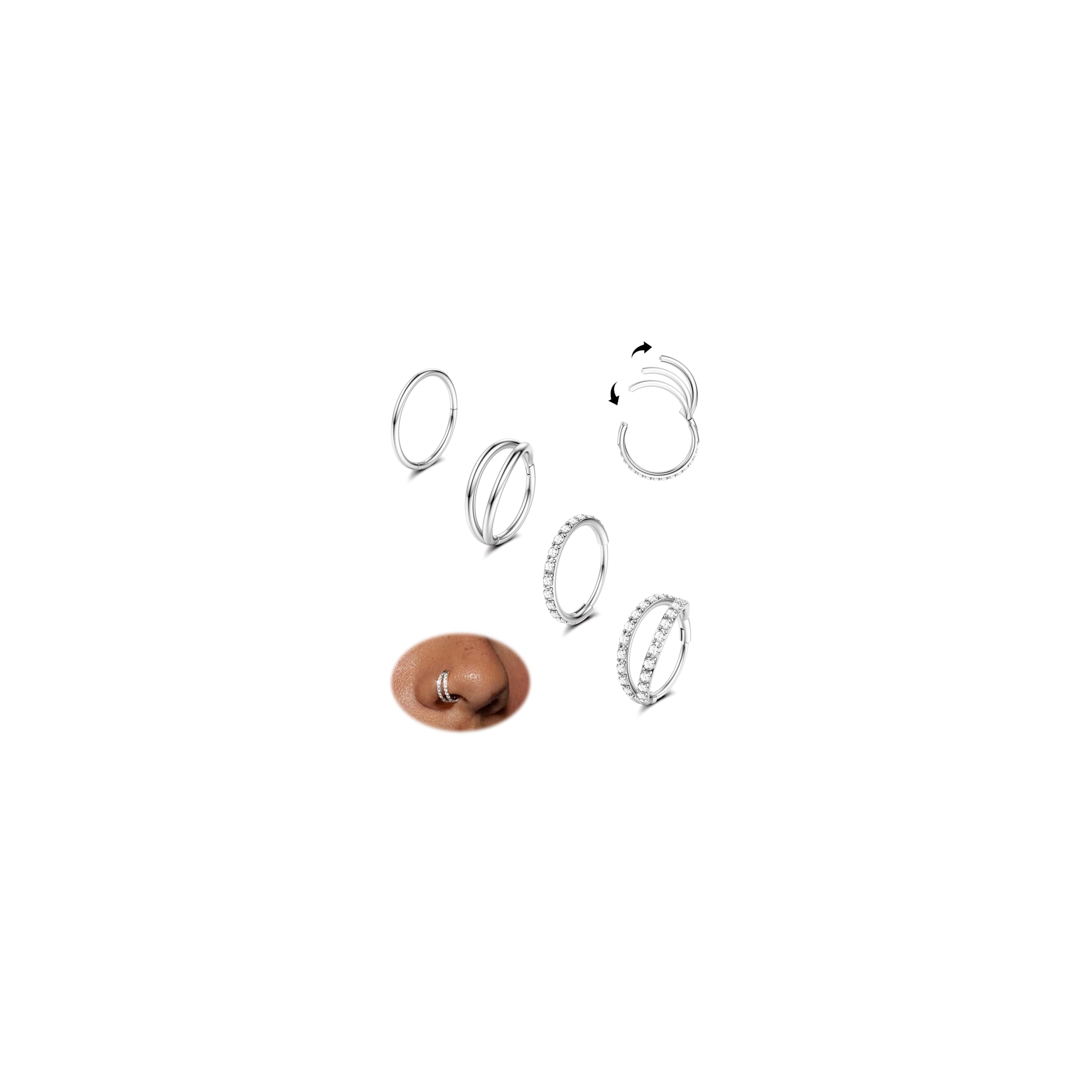 Dochais 4PCS 18G Nose Rings Hoops, Surgical Steel Earrings Tragus Septum Piercin