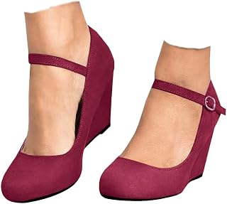 Coutgo Womens Wedge Pumps Elegant Mary Jane Shoes Comfortable Closed Toe Ankle Strap