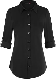 DJT Womens Button Down Shirts Fall Tops Soft Knitted Stretchy Roll Up Long Sleeve Dressy Casual Shirt Work Blouse Top