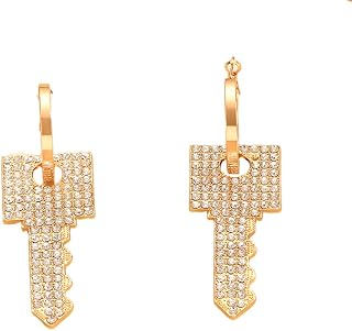 Key Rhinestone Earrings Dangle Black Gold Hoop Jewelry for Women