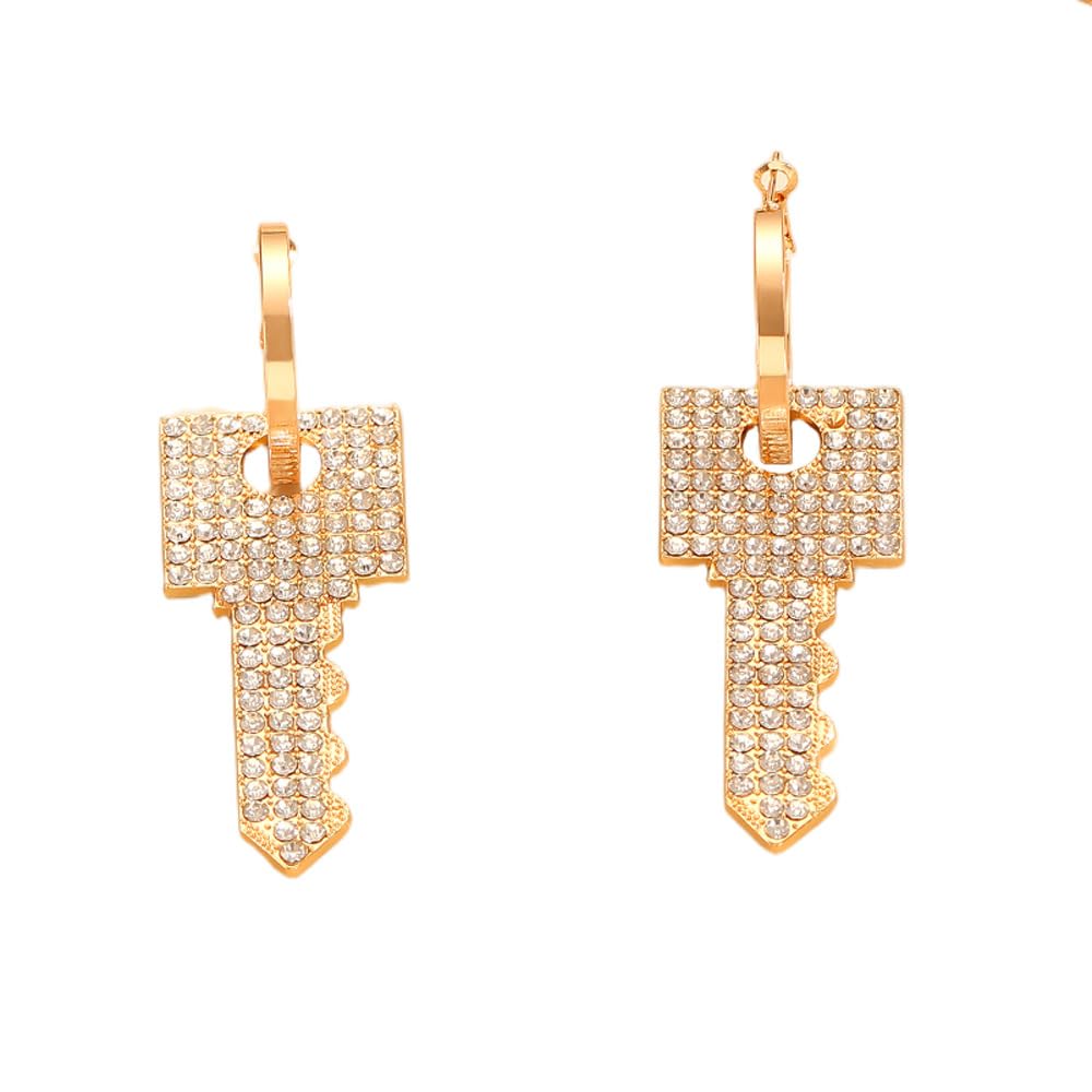 Key Rhinestone Earrings Dangle Black Gold Hoop Jewelry for Women