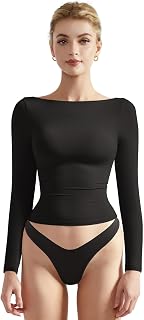 SUUKSESS Women Long Sleeve Shirts Double Lined Crew Neck Fitted Crop Top