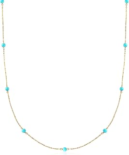 Ross-Simons Italian 4mm Turquoise Bead Station Necklace in 14kt Yellow Gold