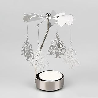 Metal Candle Holder Hollow Metal Table Decoration Rotating Romantic Golden (Silver Christmas Tree)