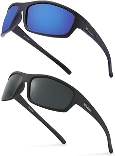 POLARKING 2 PACK Polarized Sport Sunglasses for Men Matte Finish Sun glasses Mirror Lens UV Blocking Blue&Black, Black&blue, 2 Pack
