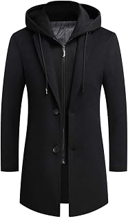PRIJOUHE Mens Wool Trench Coat Winter Hooded Pea Coat Long Jacket Overcoat