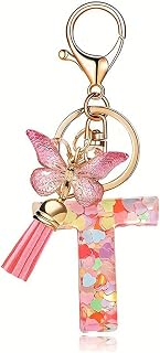 Fashion Initial Letter Keychain Tassel Cute Butterfly Pink Alphabet Pendant Keychain for Bags Bags Women