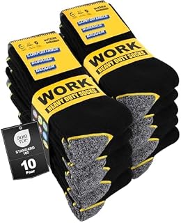 Effeet Men's Work Socks Heavy Duty Cushioned Crew Durable 10 Pairs | Reinforced Heel & Toe, Terry Cushioned Sole, Moisture Wicking, Breathable Comfort for Walking, Hiking & Outdoor Use