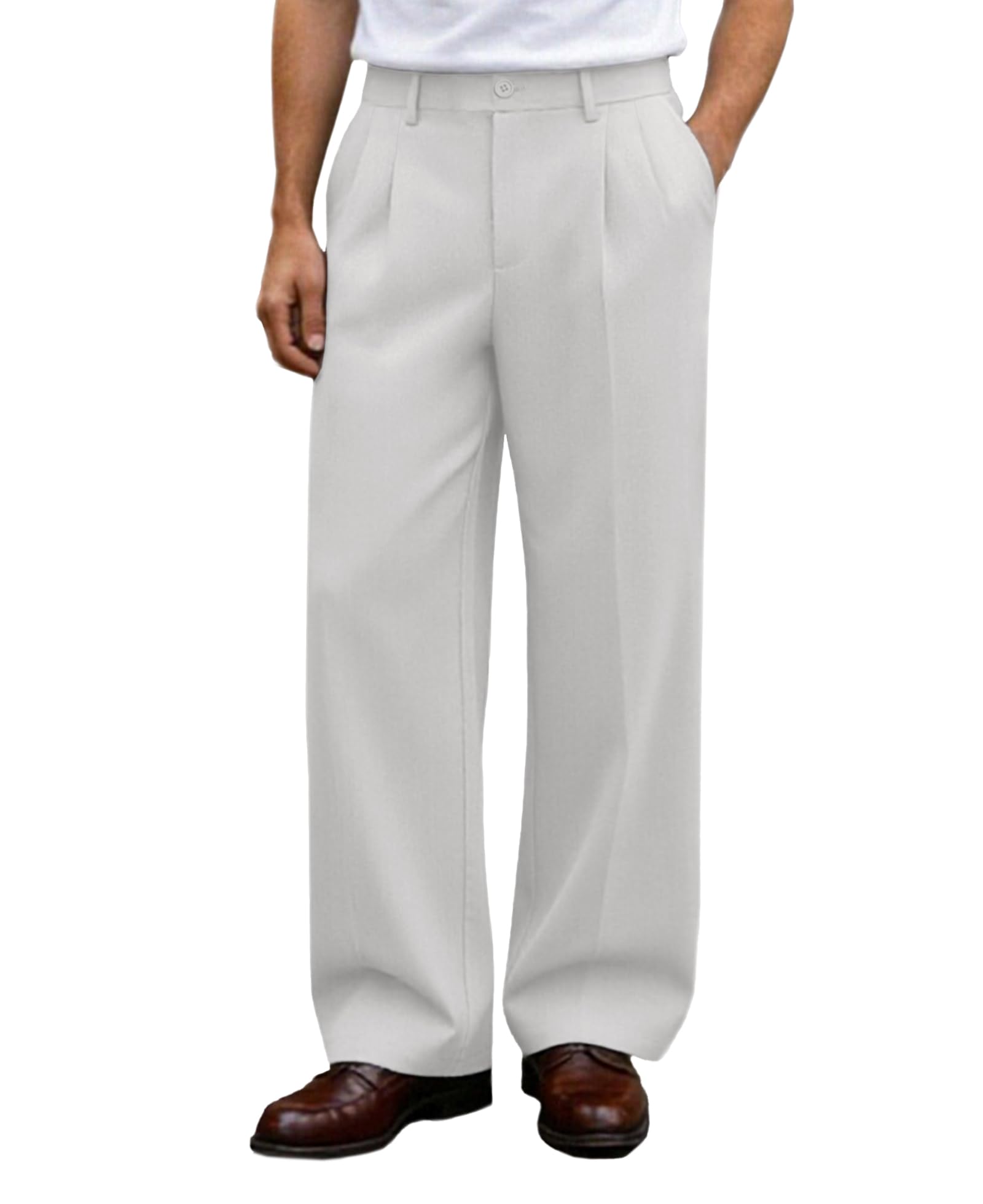Susclude Mens Casual Dress Pants Old Money Pleated Baggy Wide Leg Slacks Vintage