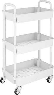 UDEAR 3-Tier Kitchen Rolling Utility Cart,Multifunction Organizer,White | With Handle and 2 Lockable Wheels for Kitchen,Bathroom,Living Room,Office