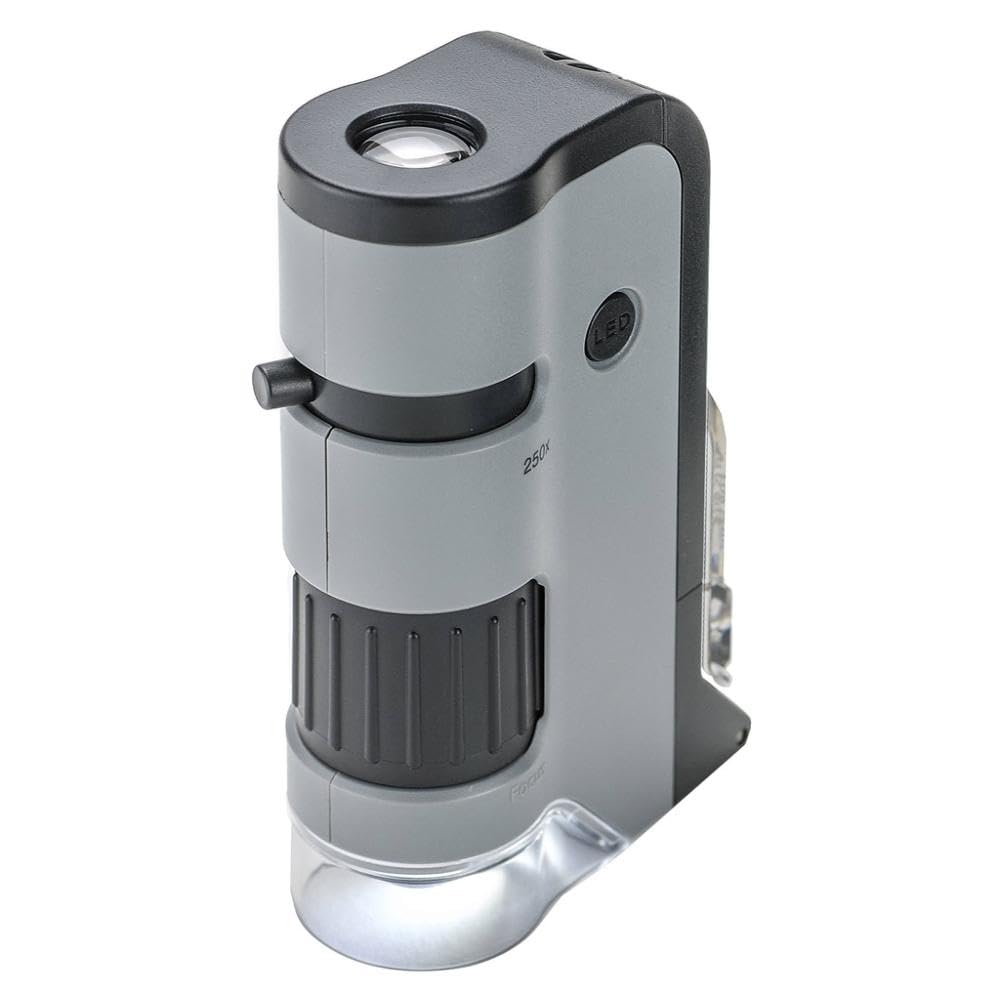 Carson MicroFlip 100x-250x, LED UV Pocket Microscope with Smartphone Clip, STEM 