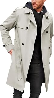 Runcati Mens Double Breasted Trench Coat Long Lapel Work Jacket with Belt