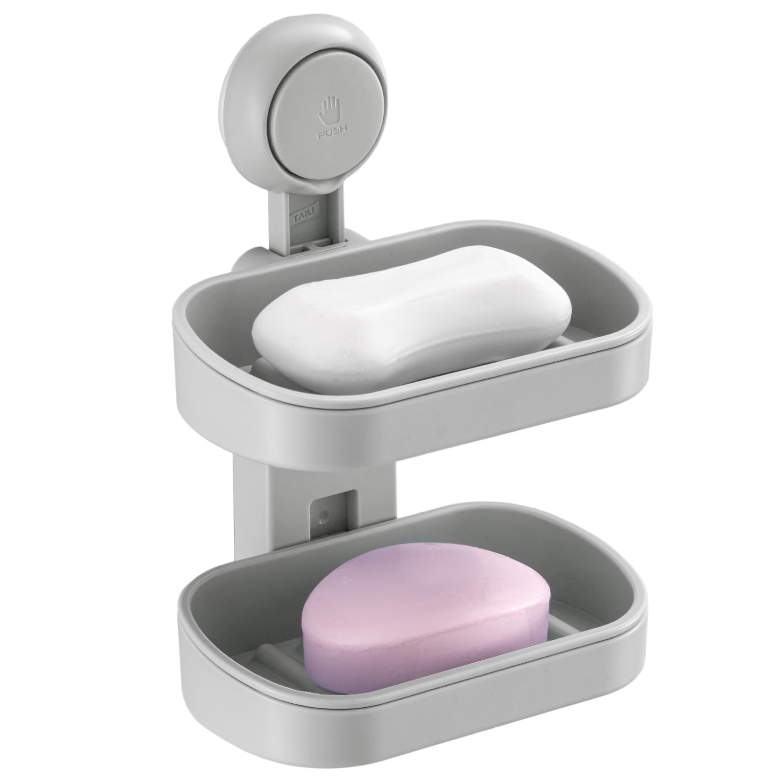 TAILI Suction Soap Dish for Shower, Drill-Free Double Layer Holder, Grey