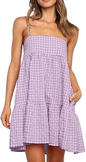 Womens Summer Plaid A-line Sleeveless Casual Flowy Mini Sundress