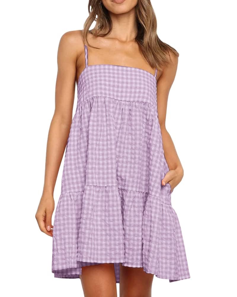 Womens Summer Plaid A-line Sleeveless Casual Flowy Mini Sundress