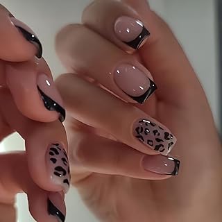 Press on Nails Leopard Black French Tip Nail Press on Medium Square Fake Nail Design Glossy Full Coverage Glue Nail Artificial Acrylic Sticks for Women DIY Wedding Manicure 24pcs