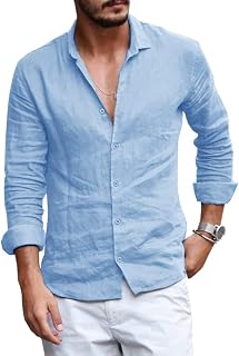 Mens Linen Cotton Button Down Shirt Long Sleeve Spread Collar Lightweight Plain Beach Shirt