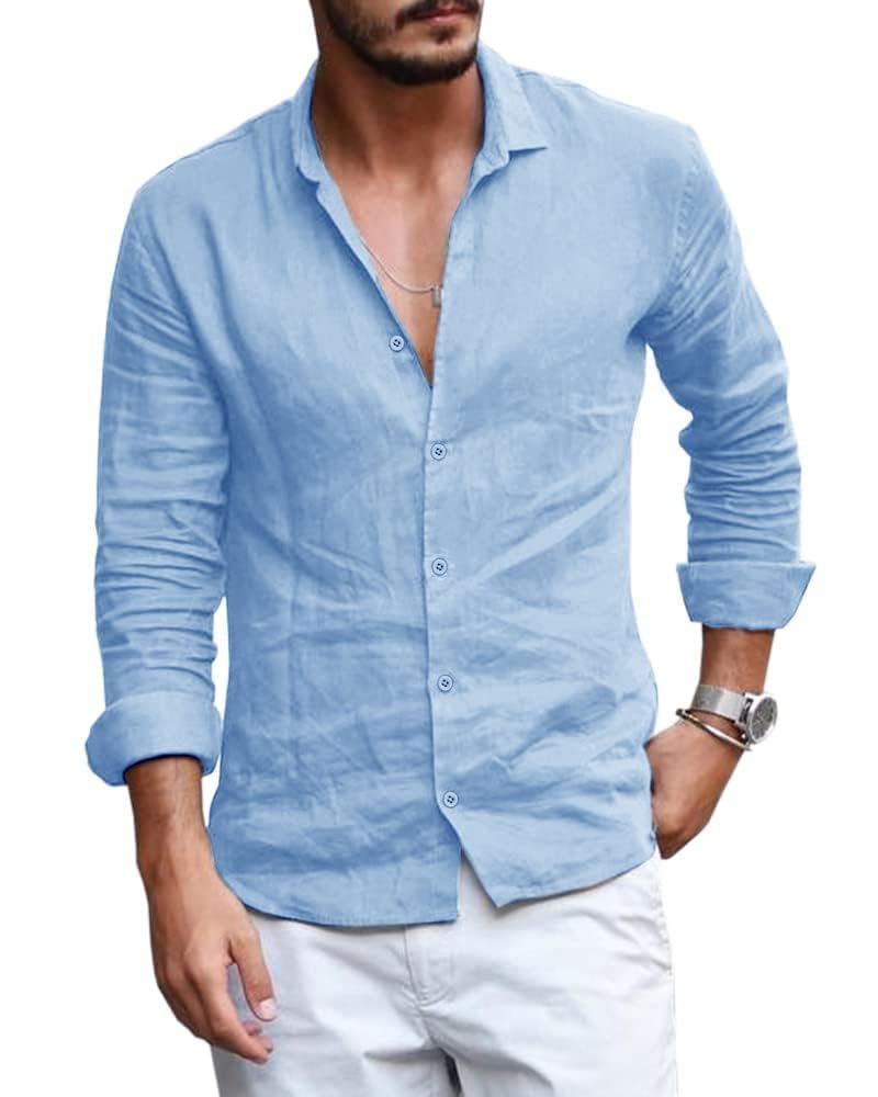 Mens Linen Cotton Button Down Shirt Long Sleeve Spread Collar Lightweight Plain 