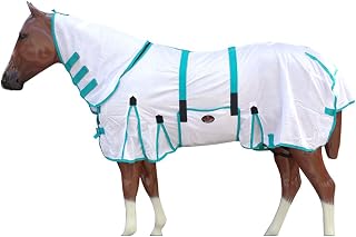 HILASON 78 In Horse Fly Sheet White Turquoise UV Protect Mesh | Poly/nylon mesh, double front buckle, adjustable leg straps, neck and belly closures, gussets for movement