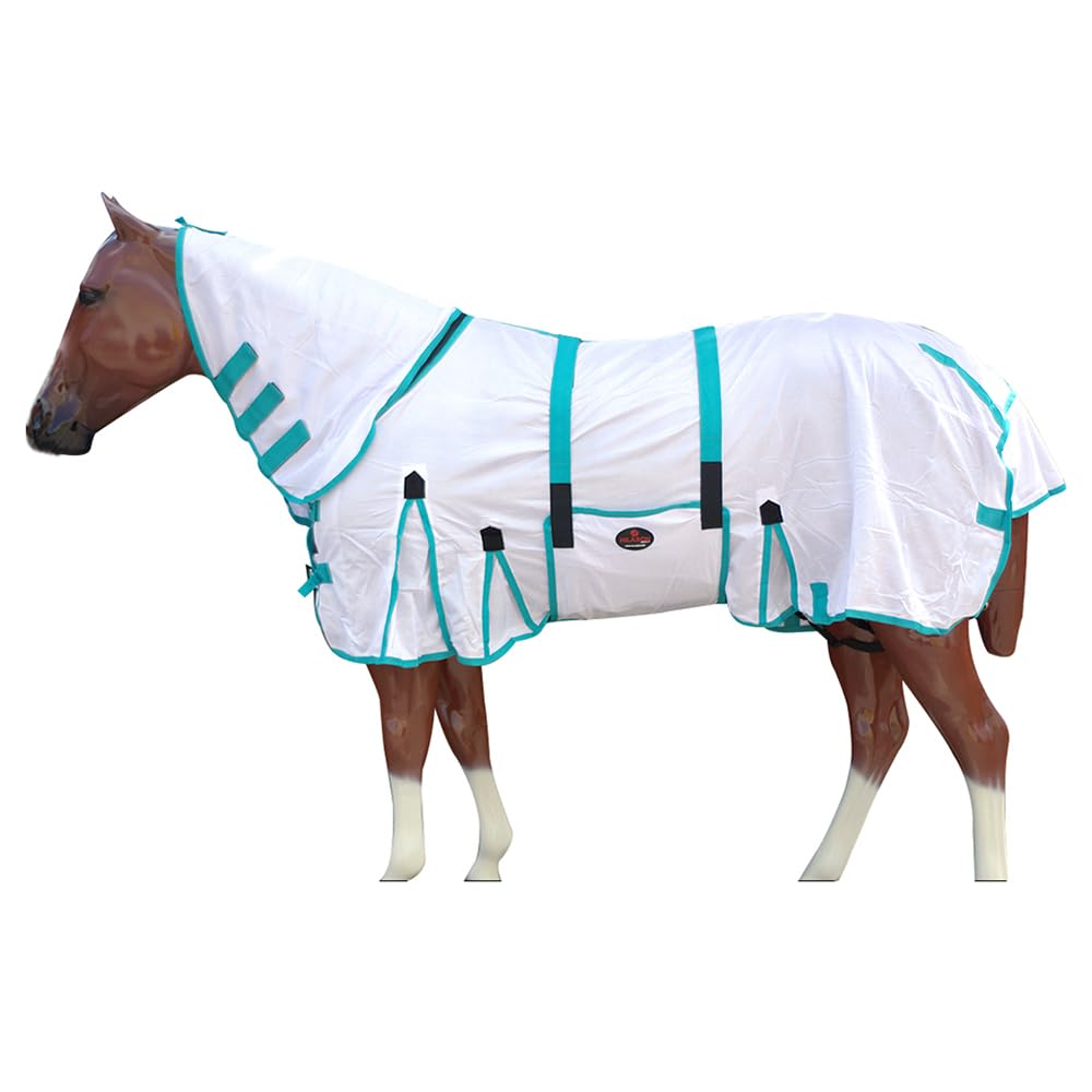 HILASON 78 In Horse Fly Sheet White Turquoise UV Protect Mesh | Poly/nylon mesh,