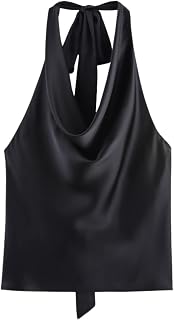 CORIRESHA Women's Elegant Satin Tie Back Cowl Neck Sleeveless Silk Backless Tank Top