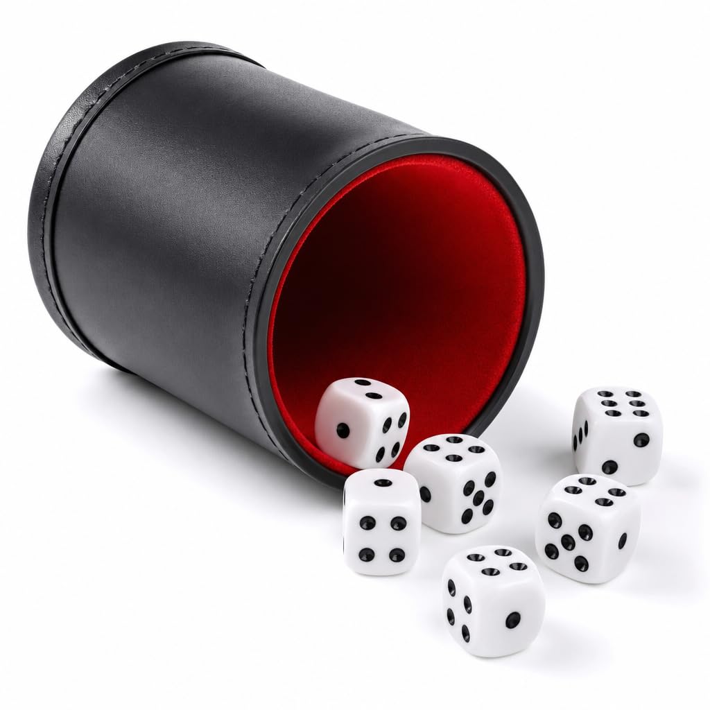 RERIVER Felt Lined PU Leather Dice Cup Set with 6 Dot Dices (Black, Pack of 1)