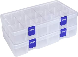 DUOFIRE Plastic Organizer Storage Box, Adjustable Divider, 18 Grids, 2 Pack | Clear Compartment Box for Jewelry, Beads, Earrings, Crafts, Sewing, Tools, Fishing Tackle, Screws, Nails & Accessories