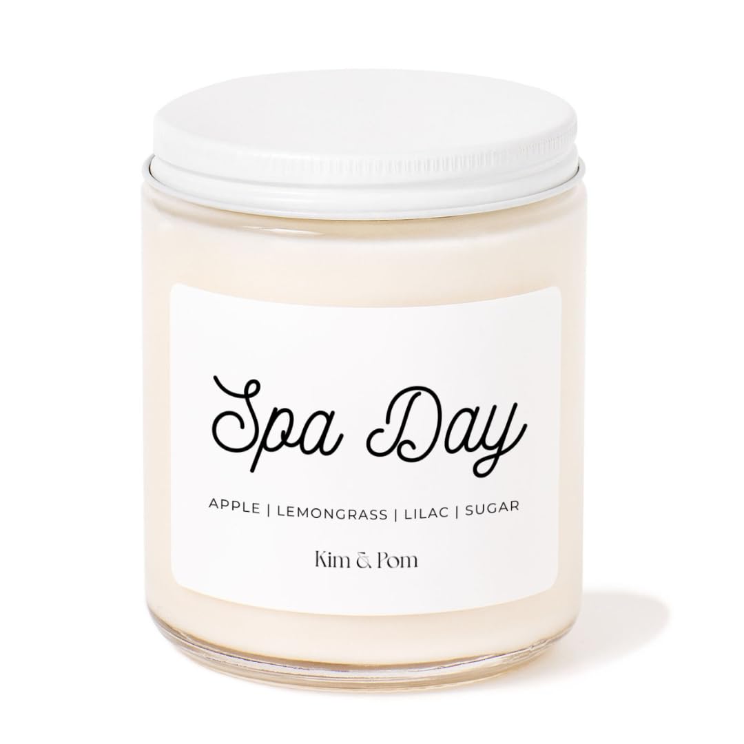 Kim and Pom Spa Day Scented Candle for Stress Relief - 100% Soy Wax, 8 oz in Gla