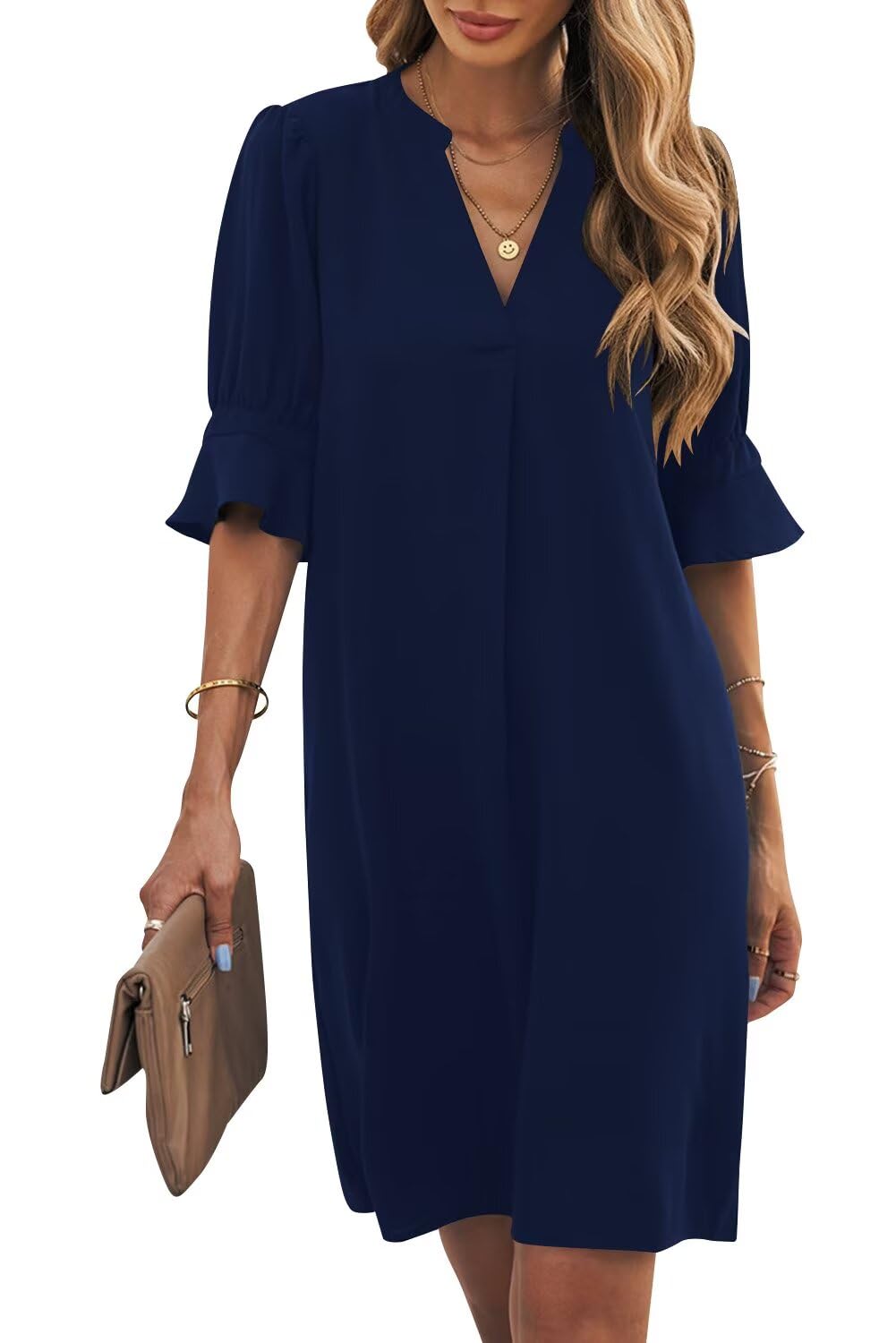 Womens Summer Ruffle Short Sleeve V Neck Shift Dress