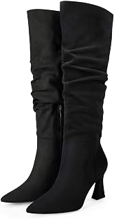 Coutgo Women's Slouchy Knee High Boots Wide Calf Pointed Toe Side Zipper Chunky Heel Long Boots Winter Shoes